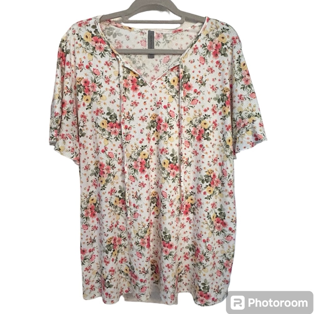 Honeyme Curvy Pink Floral Mini Ribbed Tie Front Top Size XXL